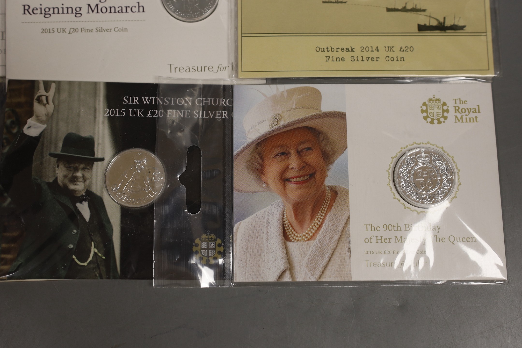 UK Royal Mint commemorative silver coins – two 2016 £50 coins and six £20 coins comprising 2013, 2014, 2 x 2015, 2 x 2016 (8)